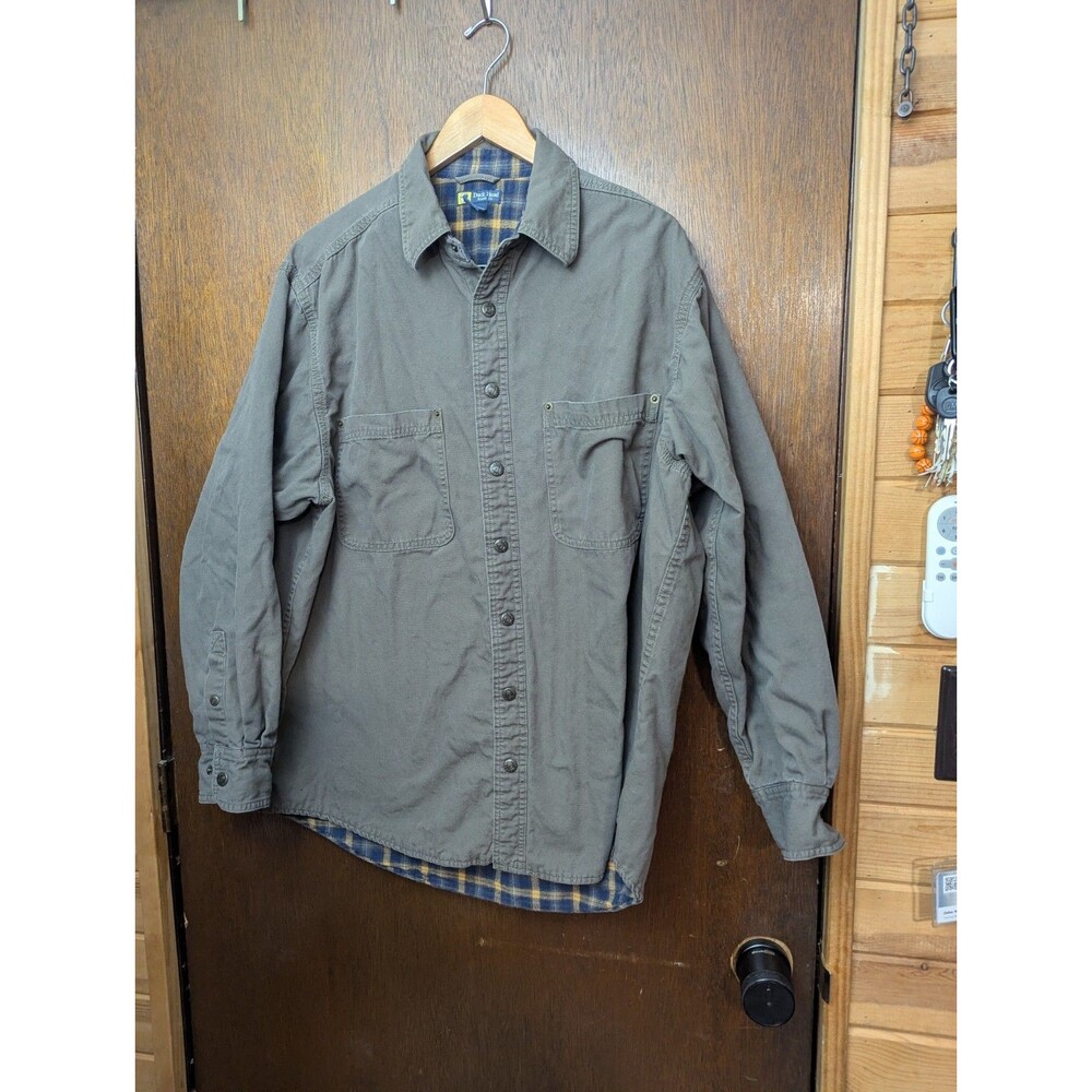 Vintage 90s Duck Head Flannel-Lined Canvas Chore Shirt Jacket - Olive Large